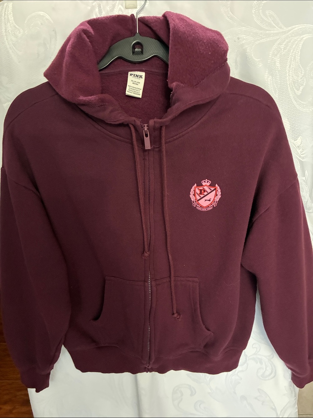 PINK Victoria's Secret Burgundy Full-Zip Hoodie with Crest
